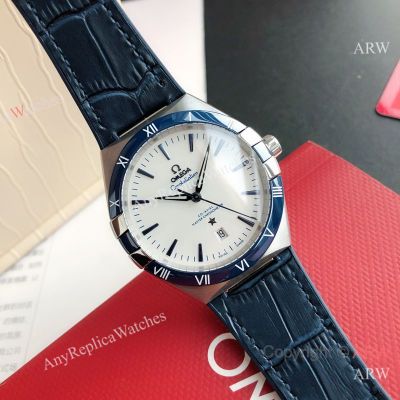 High Quality Replica OMEGA Constellation Dark Blue Imported Rubber Strap White Face Dial Dark Blue 316L Stainless Steel Case Watch 